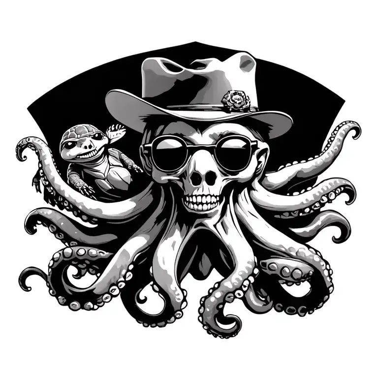 octopus with seven arms. on one arm a turtle, on arm a skull smiling with sunglasses and cowboy hat, ink around the arms tattoo design idea