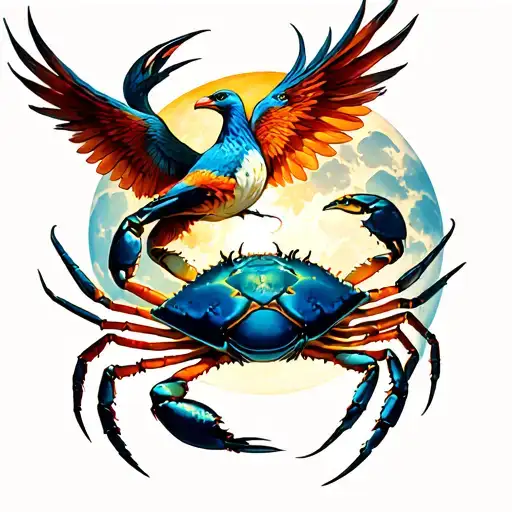 cancer crab, phoenix bird, moon merging together tattoo design idea
