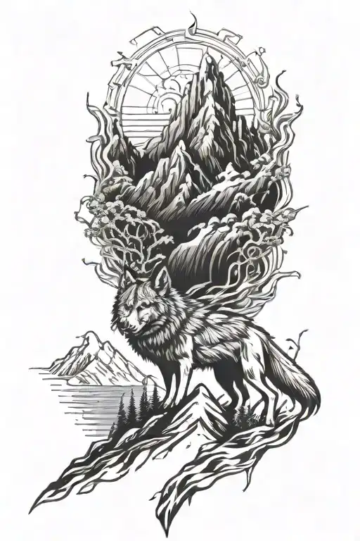 wolf and mountains rising Phoenix tattoo design idea