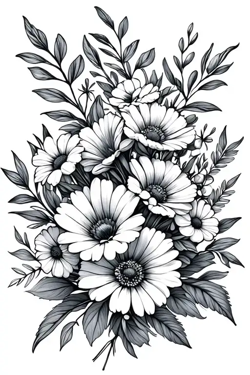 August and April Birth Flower fine line Bouquet tattoo design idea