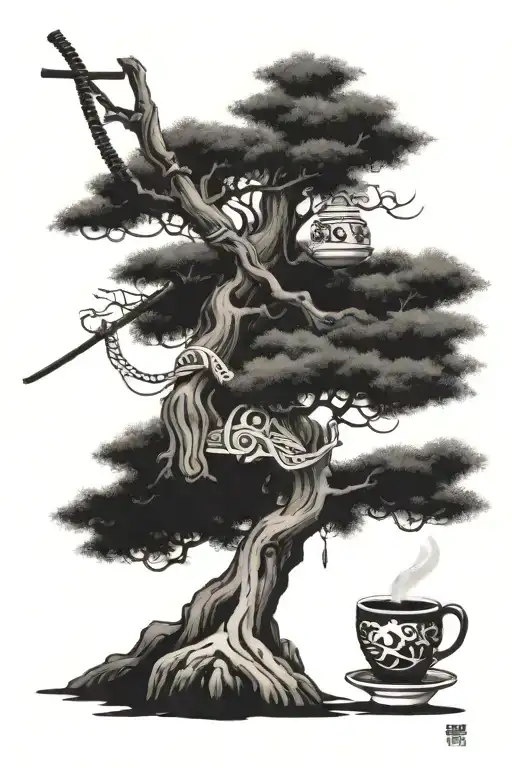 samurai, tea cup, under the tree tattoo design idea