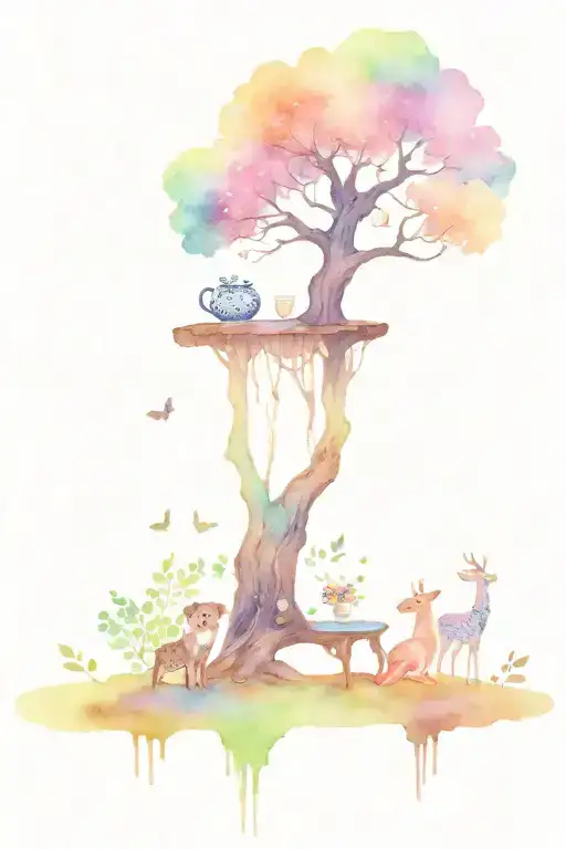 magical tree. underneath are forest animals having a tea party using a tree trunk as a table tattoo design idea