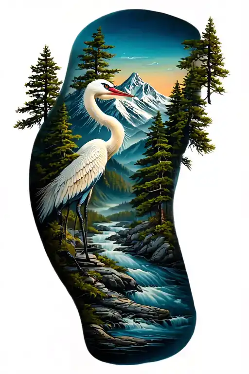 Mountian, flowing river, pine trees, crane tattoo design idea