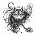 A poetic representation of the legend of the red string of fate intertwined with a wolf symbolizing true love tattoo design idea