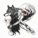 A poetic representation of the legend of the red string of fate intertwined with a wolf symbolizing true love tattoo design idea
