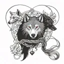 A poetic representation of the legend of the red string of fate intertwined with a wolf symbolizing true love tattoo design idea