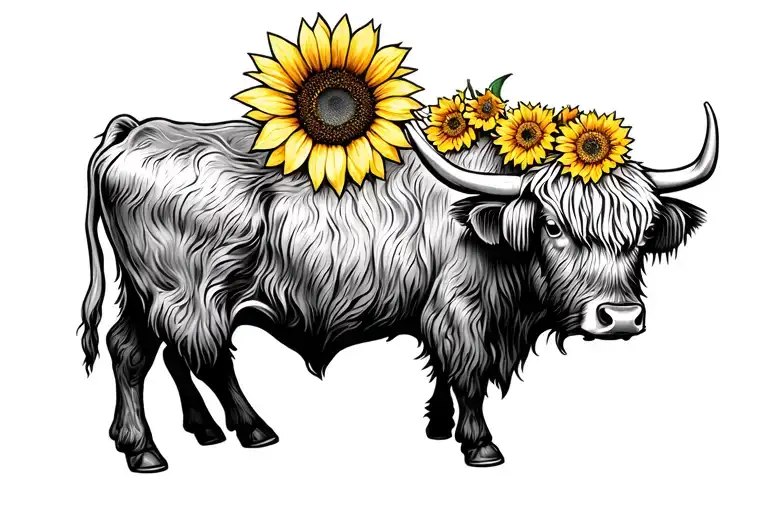 highland cow with sunflower frame tattoo design idea