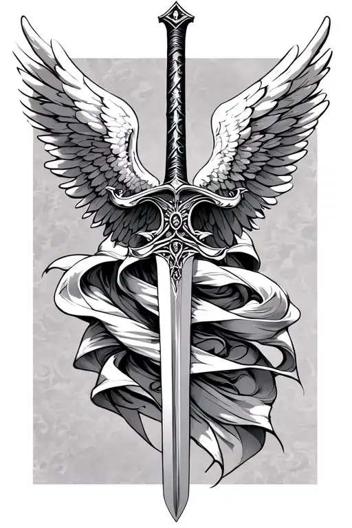 Sheathed Angel Sword Wrapped in Wings – a beautiful sword, but it’s sheathed, covered by calm, folded wings → power unde tattoo design idea