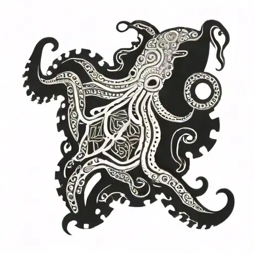 An octopus with a combination of patterns of sacred geometry on a background with tentacles that go on the fingers tattoo design idea