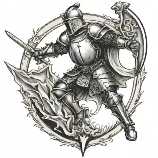 small arm tattoo of a knight falling back onto an upright sword which impales him through the abdomen. not realism tattoo design idea
