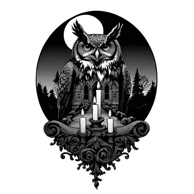 scrolls and candles from below, wood on the hill, on the background is a large Gothic mansion, and above the big head of the eagle owl tattoo design idea