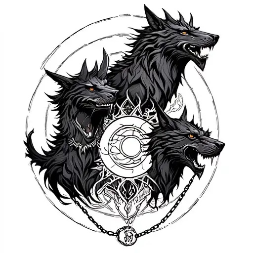 cerberus with hati, skoll and fenrir heads, the 3 of them looking forward, same color, add sun, moon and chains tattoo design idea