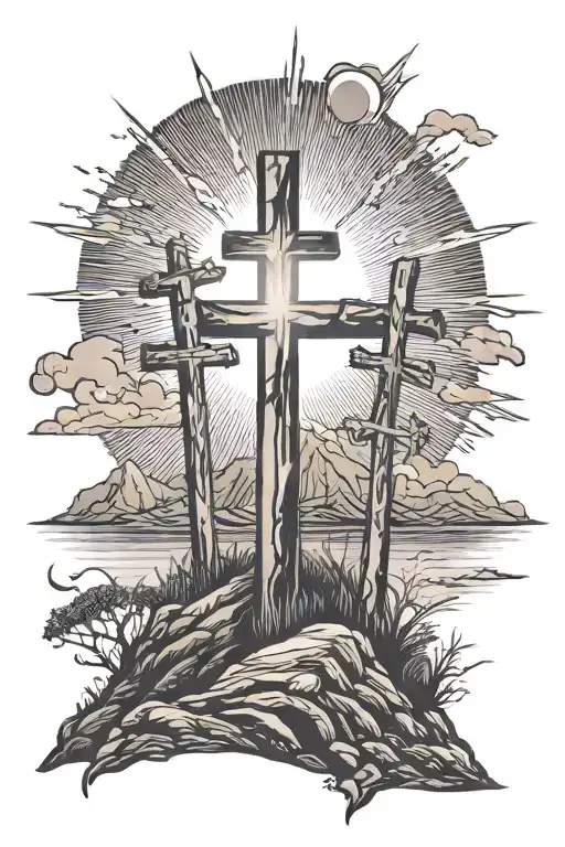 3 crosses on a hill with the sun tattoo design idea