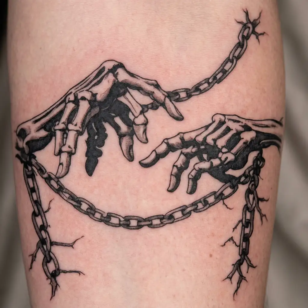 creation of Adam, one human hand, one skeleton pointing to eachother, chest tattoo, chains or thorny vines connecting tattoo design idea