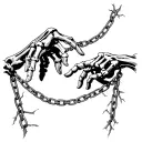 creation of Adam, one human hand, one skeleton pointing to eachother, chest tattoo, chains or thorny vines connecting tattoo design idea