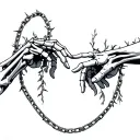 creation of Adam, one human hand, one skeleton pointing to eachother, chest tattoo, chains or thorny vines connecting tattoo design idea
