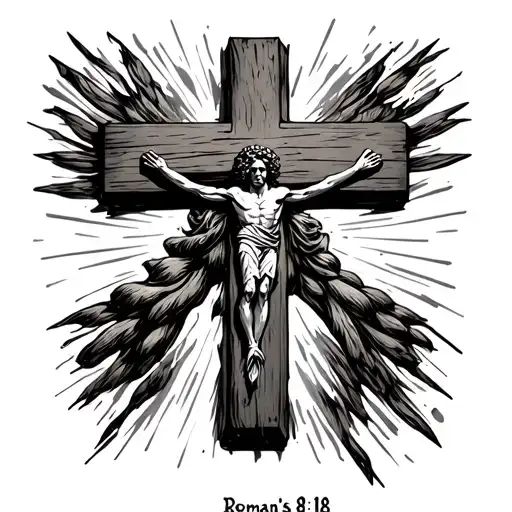 rugged cross with bible verse roman's 8:18 tattoo design idea