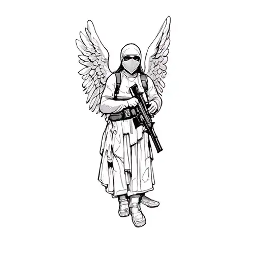 an angel with ski mask holding a AR15 tattoo design idea