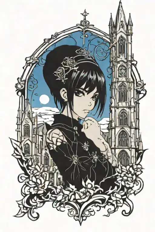 gothic anime girl with gothic church towers filler background tattoo design idea