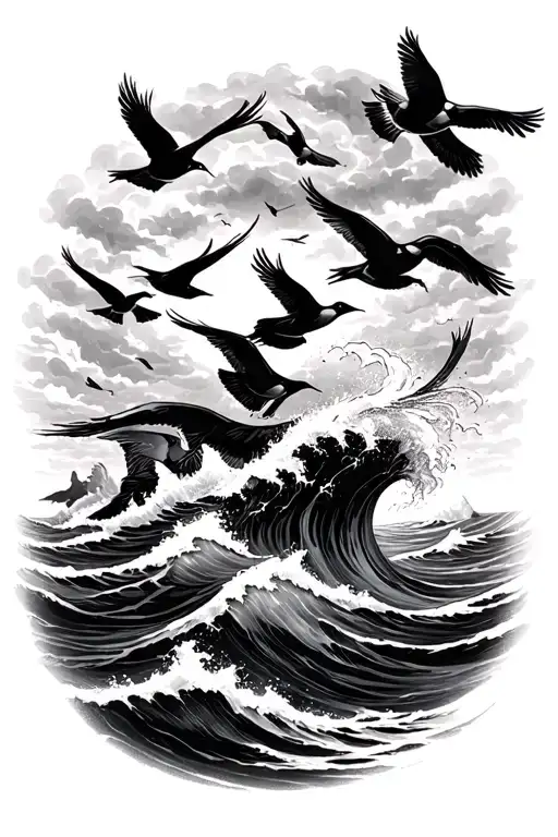 stormy seas surrounded by birds tattoo design idea