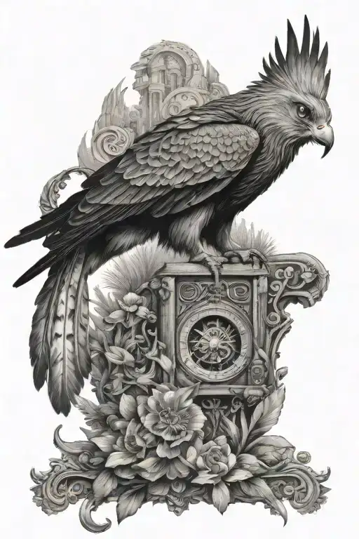 Full leg sleeve for men, dark black and white realism tattoo, phoenix, kestrel, falcon, raven bird in it, tabby cat and  tattoo design idea