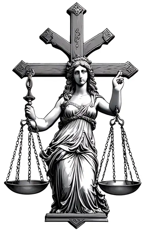 lady justice holding a cross that is the scales of justice  tattoo design idea