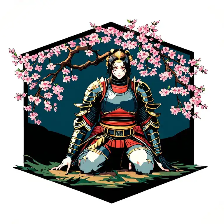 decaying samarai armor kneeling by cherry blossom tree tattoo design idea
