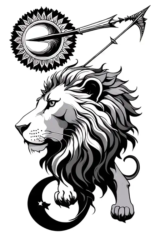 astrological sign lion and sagittarius, sun and moon, fine line, point tattoo design idea