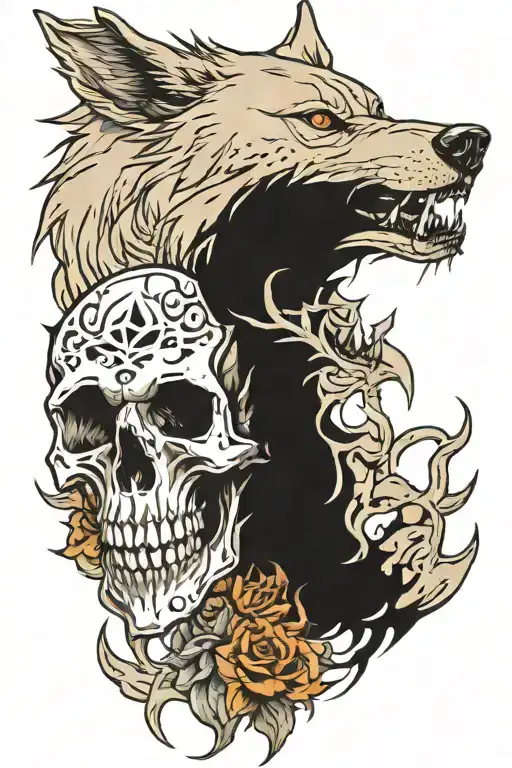 wolves and skull tattoo design idea