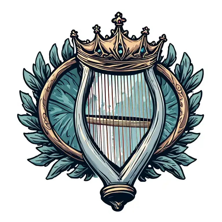 harp with crown hanging tattoo design idea