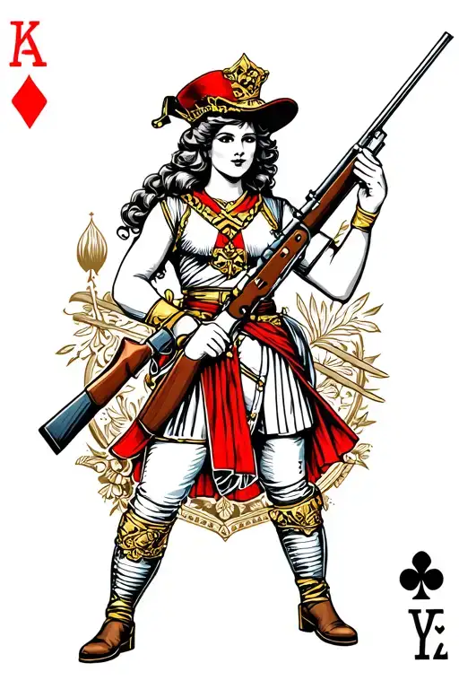 infantry, queen of battle, woman holding rifle, playing card, Vegas style background, tattoo design idea