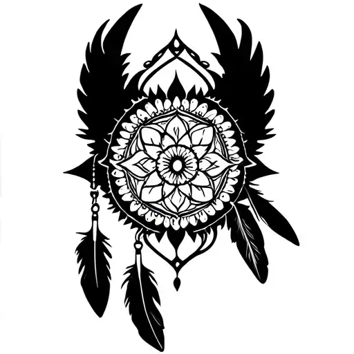 a small mandala with long wings, and with 3 feathers dangling from it. in black and white, tribal / simple style tattoo design idea