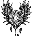 a small mandala with long wings, and with 3 feathers dangling from it. in black and white, tribal / simple style tattoo design idea