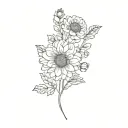 tiny chrysanthemum, aster, marigold bouquet fine line tattoo design idea