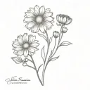 tiny chrysanthemum, aster, marigold bouquet fine line tattoo design idea