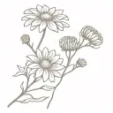 tiny chrysanthemum, aster, marigold bouquet fine line tattoo design idea