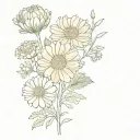 tiny chrysanthemum, aster, marigold bouquet fine line tattoo design idea