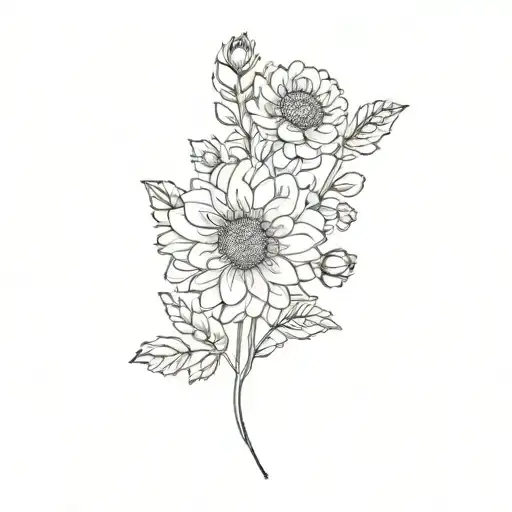 tiny chrysanthemum, aster, marigold bouquet fine line tattoo design idea