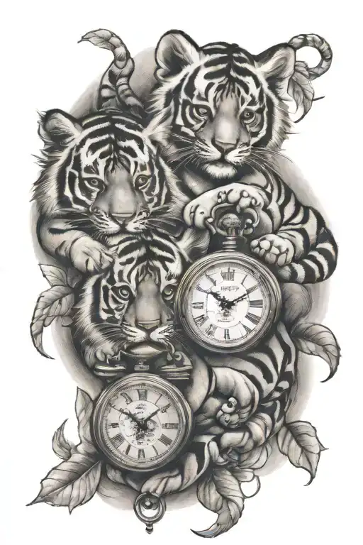 2 tiger cubs and 2 pocket watch tattoo design idea