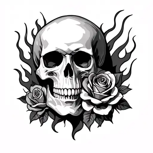 Skull, roses, flames tattoo design idea