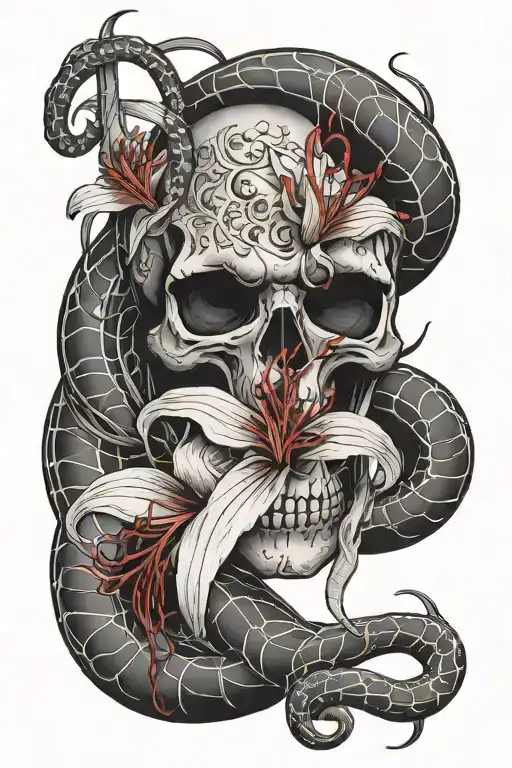 skull snake red spider lily flower tattoo design idea
