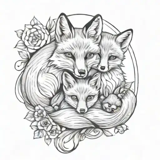 fox mother guiding babies tattoo design idea