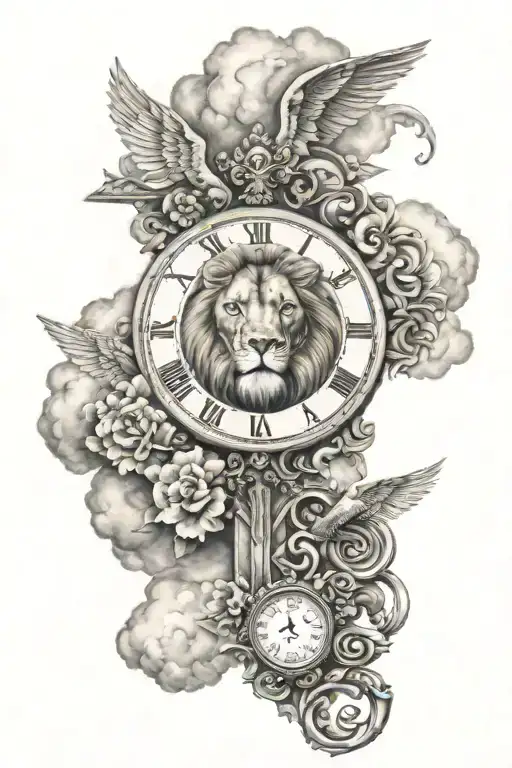 cross,angel see doun,clouds,lion and time  tattoo design idea