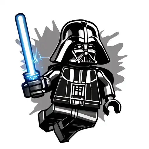 Darth Vader LEGO minifigure tattoo, captured in a dynamic mid-run pose holding a magician's magic wand in his right hand tattoo design idea