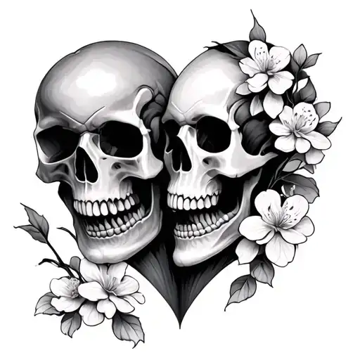 cherry blossoms, heart shape, 2 skulls facing each other tattoo design idea