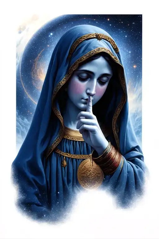 Our Lady of Silence, with her right index finger over her lips as a sign of silence, with a cosmic library in the backgr tattoo design idea