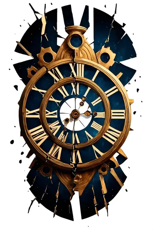 broken clock face, Roman numeral, cog tattoo design idea
