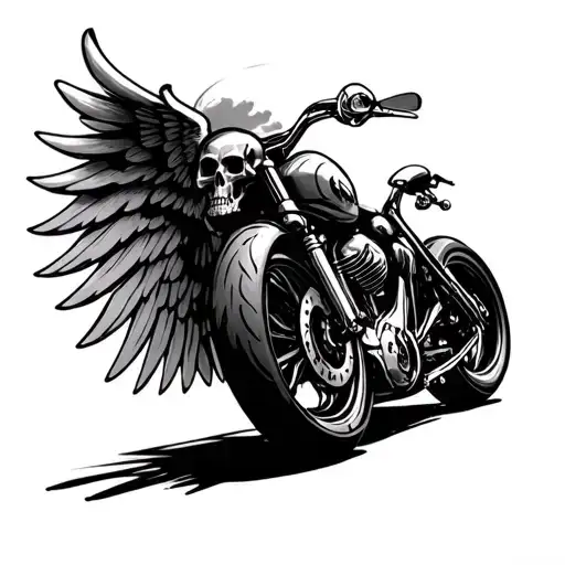motorcycle wheel with wings and skull tattoo design idea