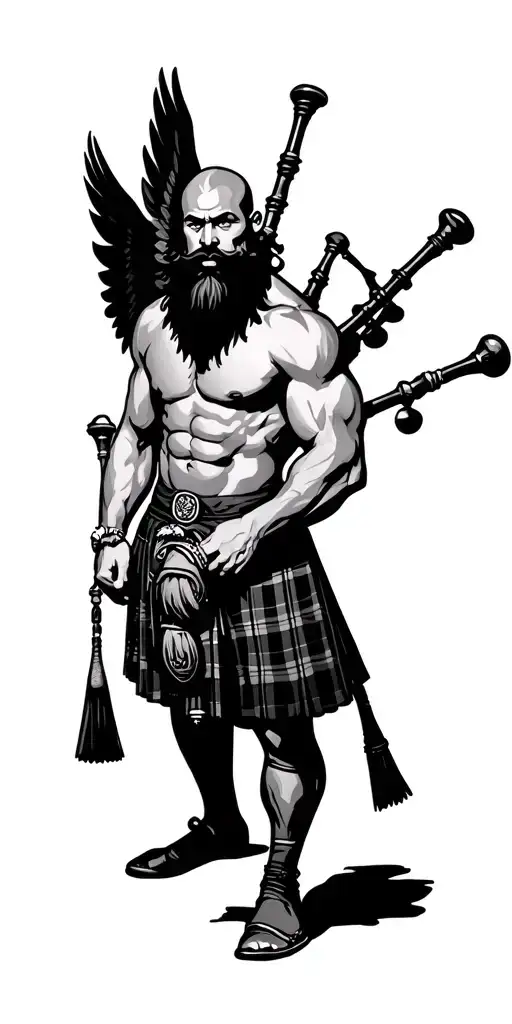 shirtless muscular bagpiper bald black beard wings playing bagpipes in arm tattoo design idea