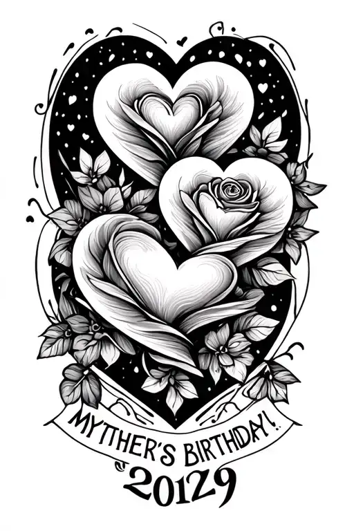 a thicker line below my mother's birthday date or below 4 hearts, one of which is hidden tattoo design idea